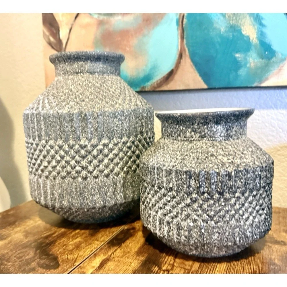 Surya Catalana Blue Glass Vase Set 2 Boho Textured Table Decor Handmade Art
